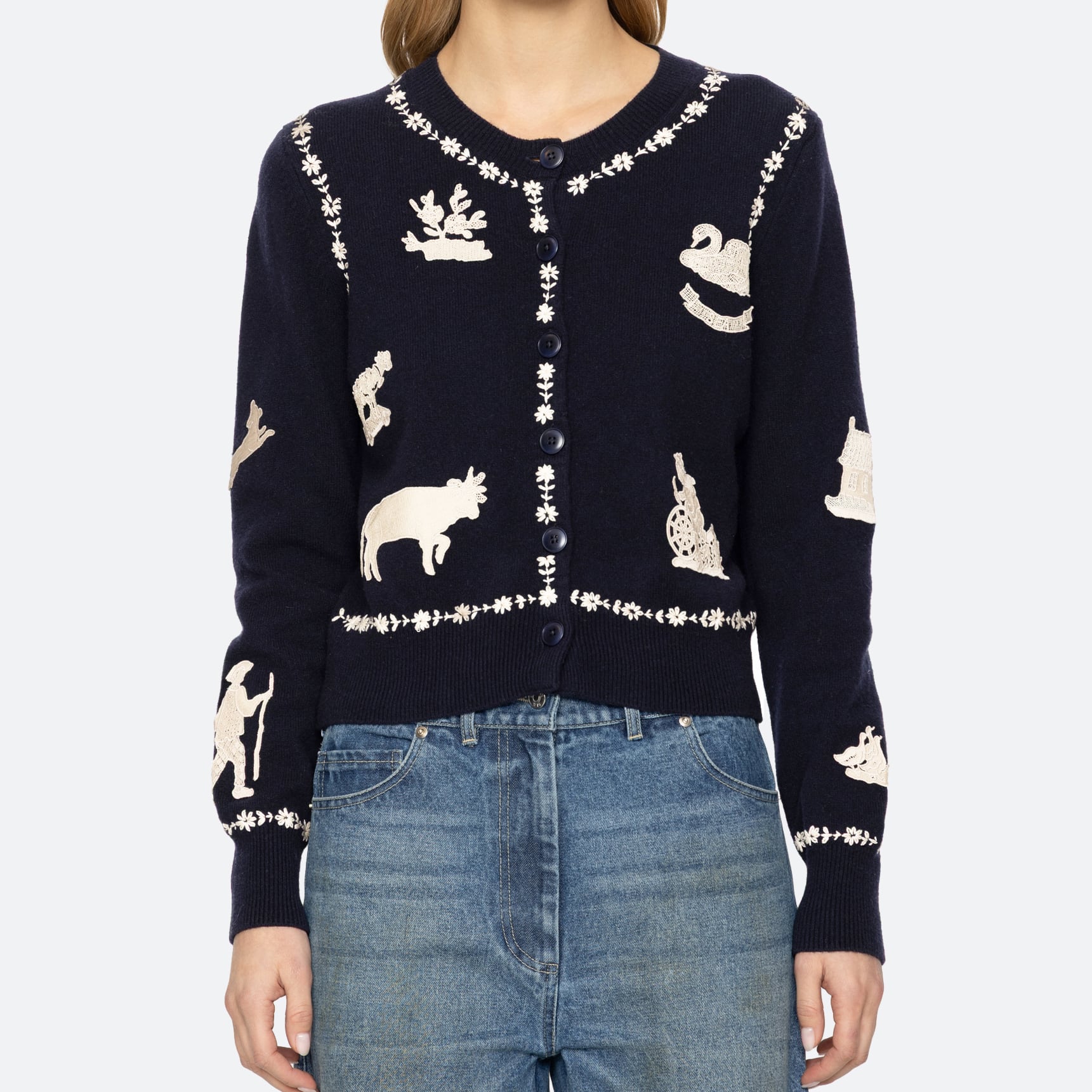 SEA NY MARGEURITE LACE PATCH L/SLV CARDIGAN NAVY