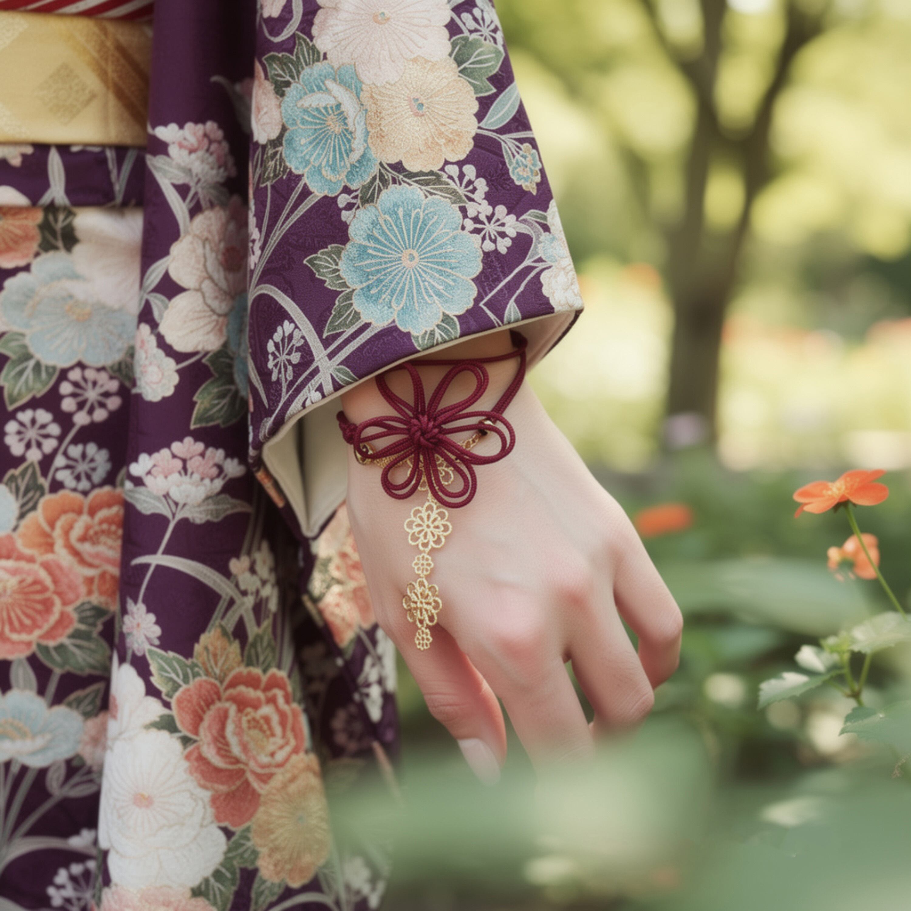 飾り結びブレスレット「花ふれて」【和風・2重巻】浴衣や着物、洋装にも。