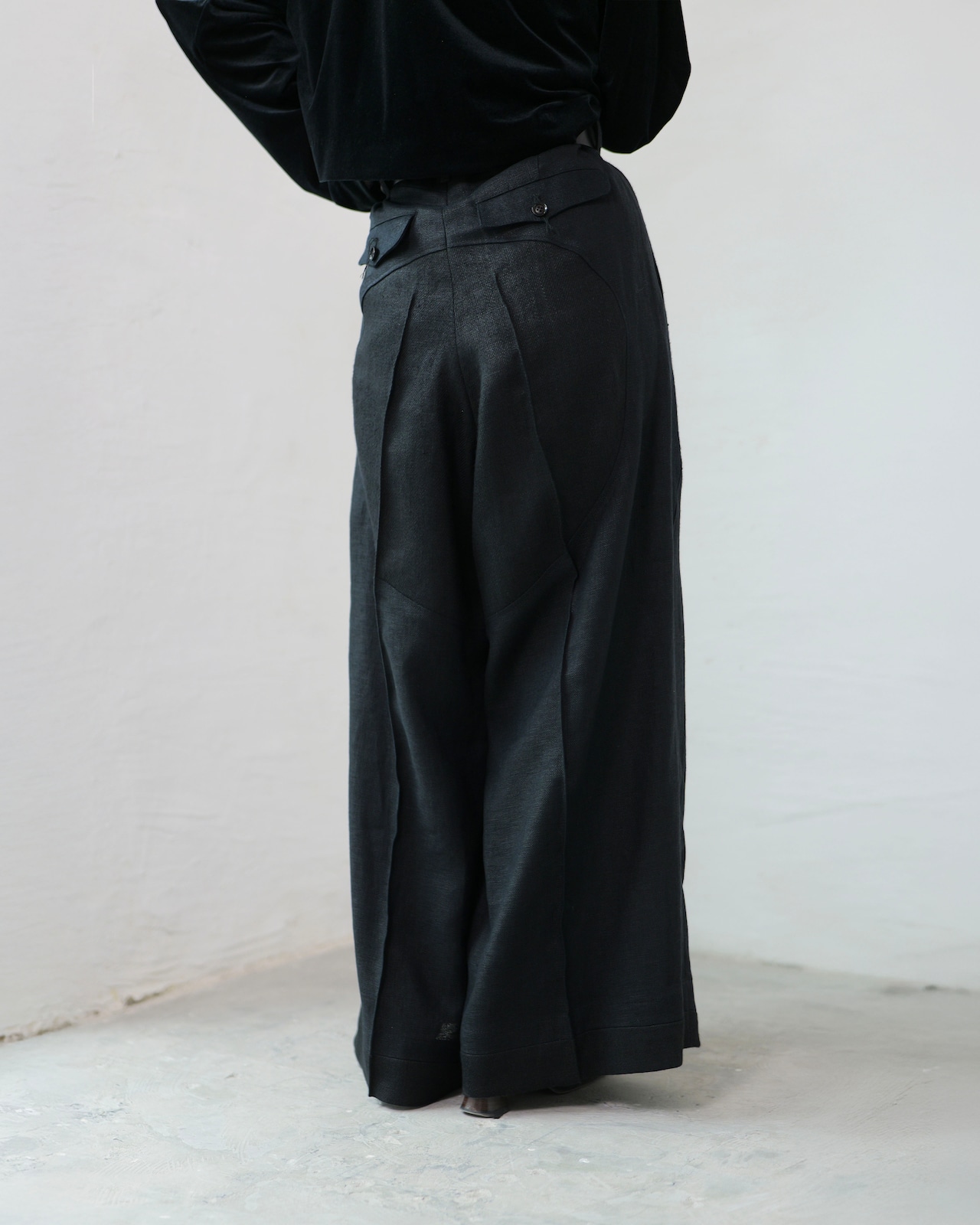 i’m here - Linen Wide Pants :Black|3種リネン切替/ワイド/“だまし絵”前立て