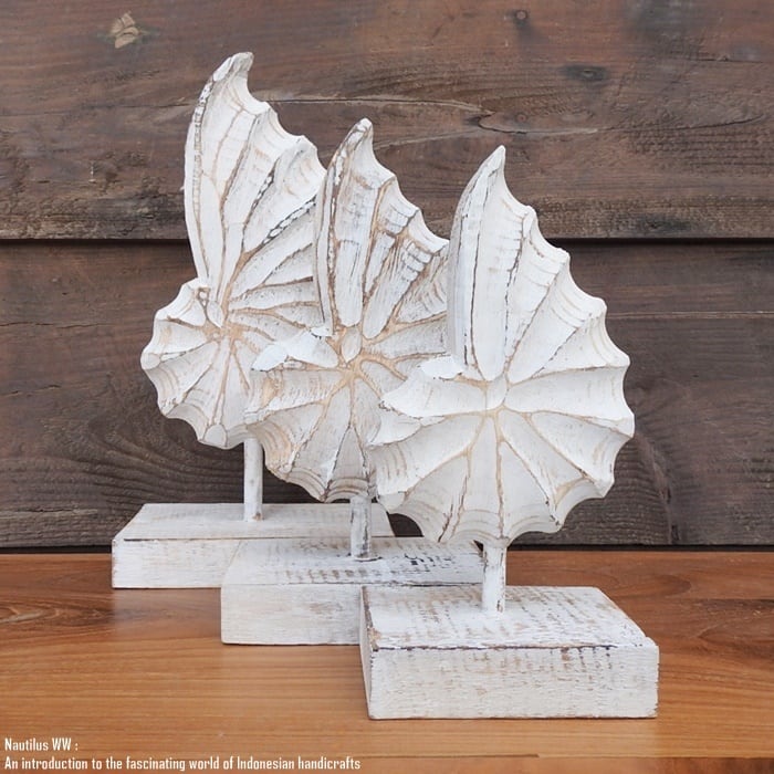 木製オブジェ オウムガイ 25cm 貝 ホワイトウォッシュ 木彫りのアート