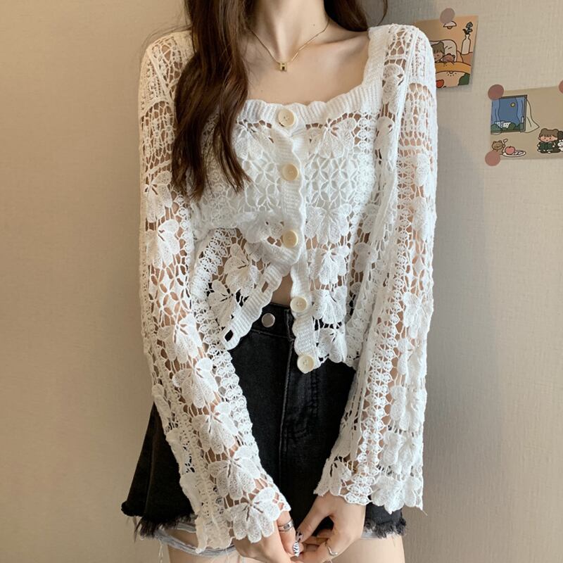 レースカーディガンショートトップス レディースサマー薄手ジャケット スプリングオータムブラウス 春物 夏物 秋物 試着室84796687418