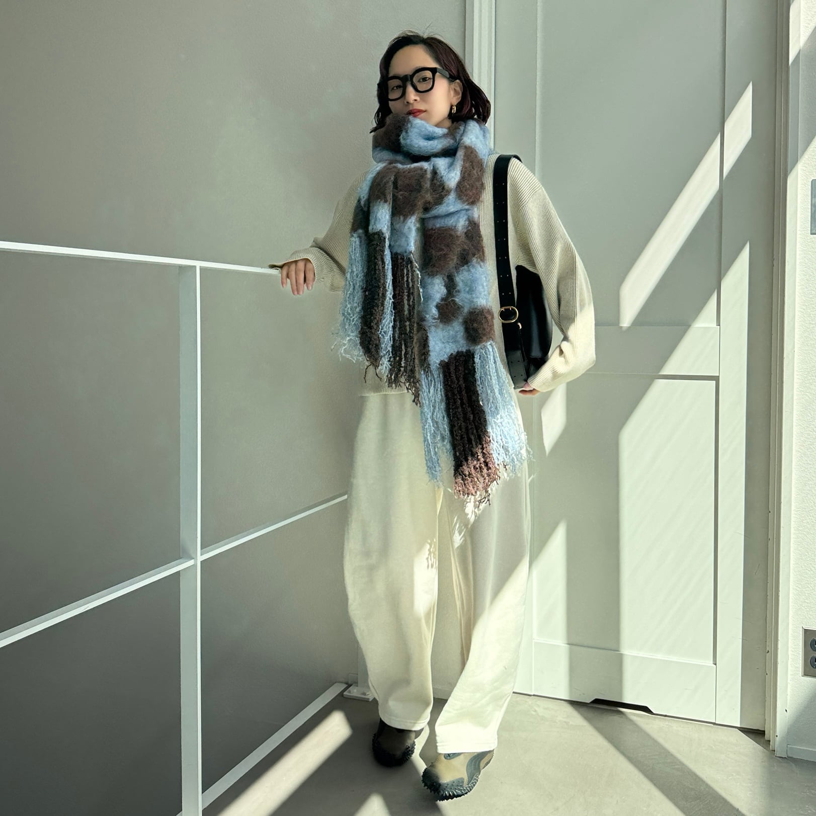 ブロックチェックストールマフラー/ブラウン×ブルー | CFT.