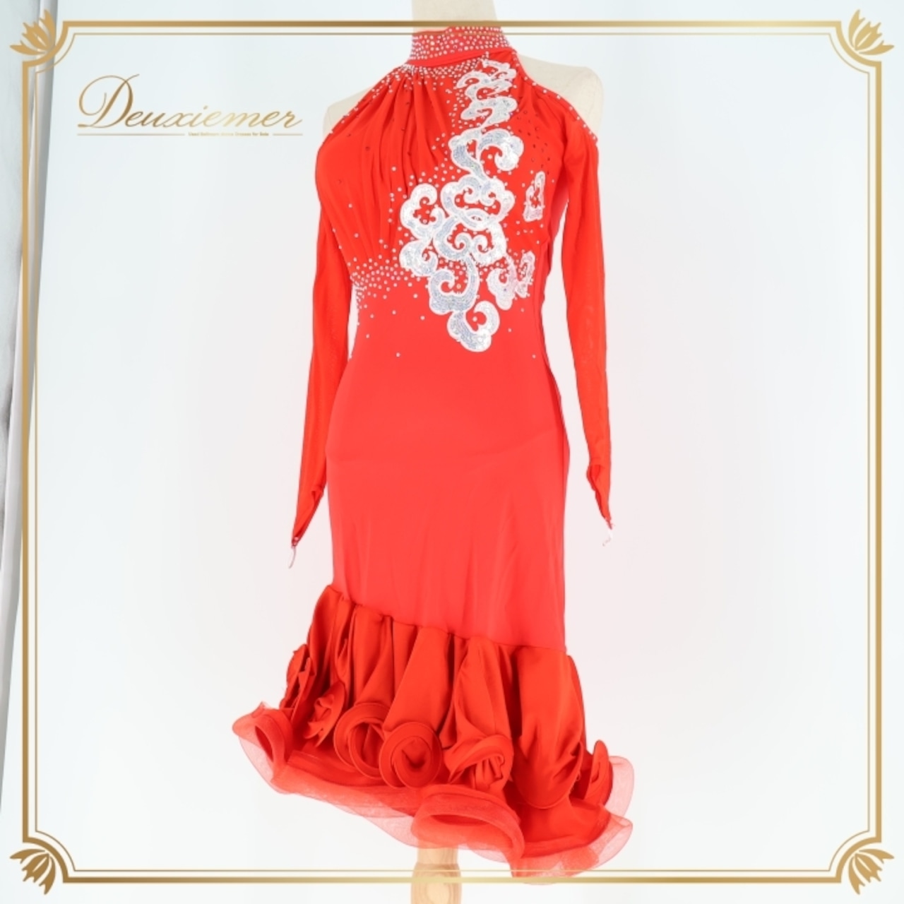 社交ダンス 衣装 ラテン ドレス ワンピース 赤 フリル デモ 競技 ダンス パーティ 発表会 パーティドレス 長袖 リボン かわいい レッド系 スパンコール ドレススタイル ラテンスタイル おしゃれ ダンスウェア パーティー用 キュート コスチューム フォーマル ドレッシー レディース