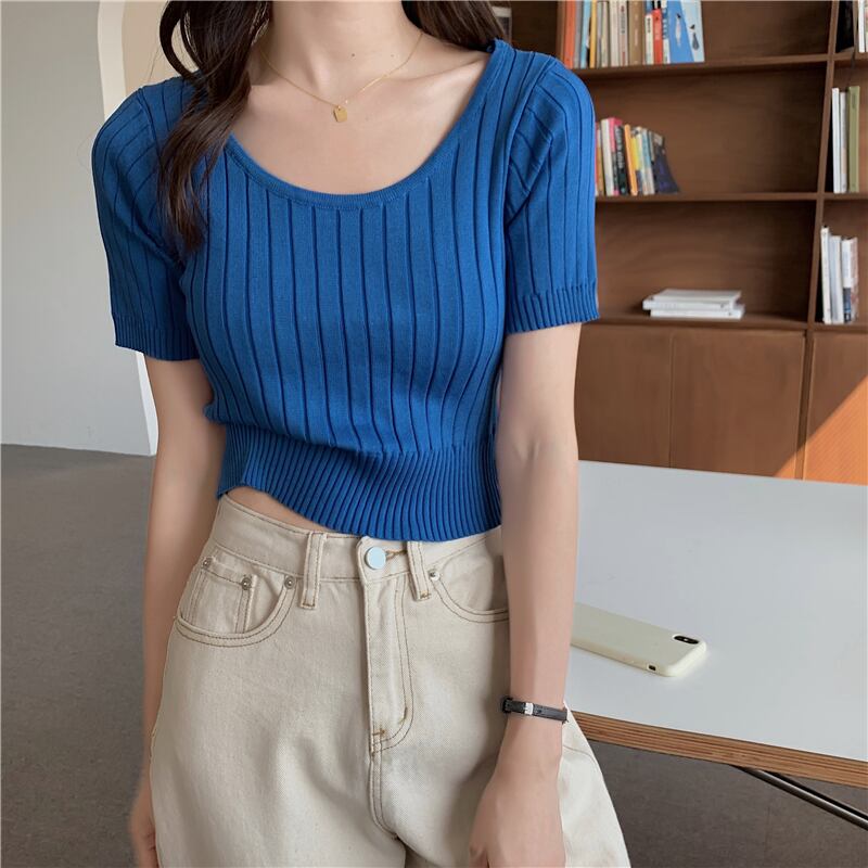 スリムストライプニットTシャツ ブラウス サマー 夏物 ドラファッションホール86536876537