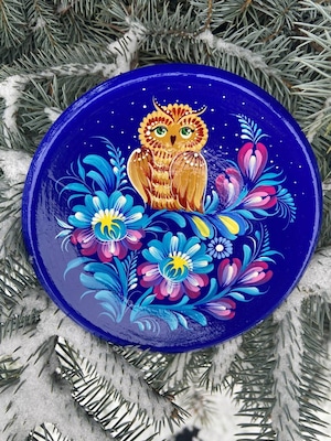 ペトリキウカ塗りのプレート　梟 （ティモシェンコ作）15cm