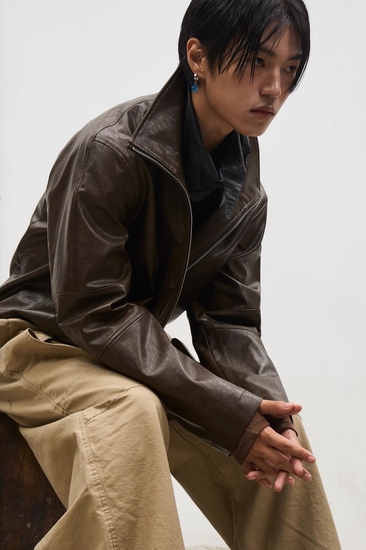 SOUTHFISH Vintage PU Leather Lazy Collar Jacket