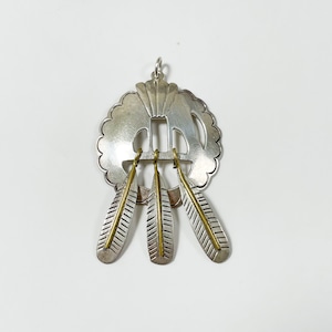 Vintage 925 Silver & Brass 3 Feather Pendant Top Made In Mexico