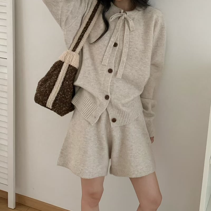 【set】リボン付きカーディガン×ショートパンツセット Q6666