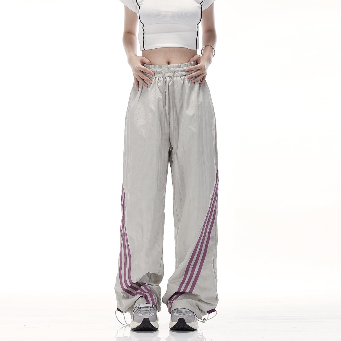 サイドラインワイドパンツ 斜めラインパンツ レディース パンツ