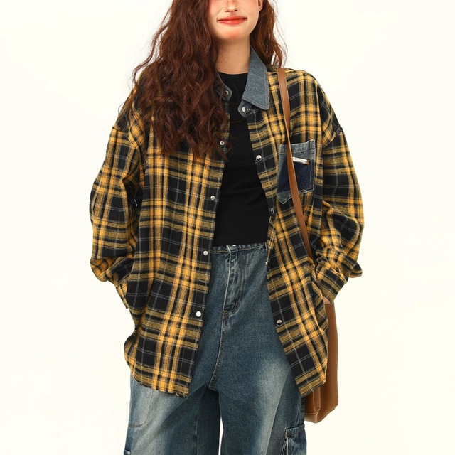 yellow check denim point shirt　イエローチェック柄デニムポイントシャツ　J2173