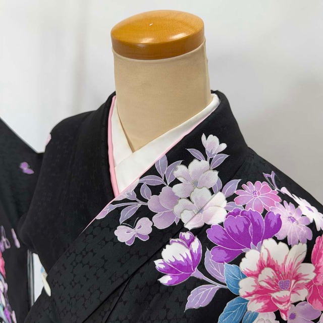 二尺袖 単品 卒業式着物 黒 森英恵 裄68cm Lサイズ  袴用着物 化繊 中古 4526