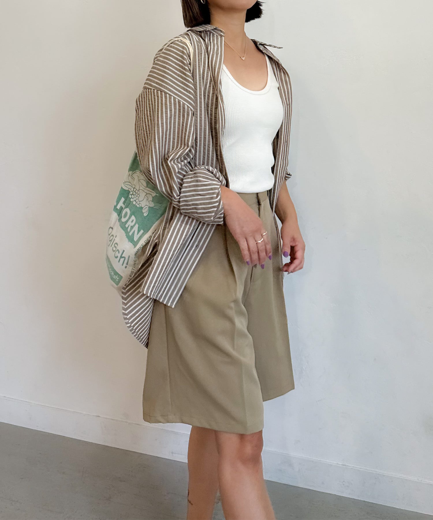 即完売！Eongul リネンストライプルーズシャツ　OLIVE NEW ストライプルーズシャツ | PICHI