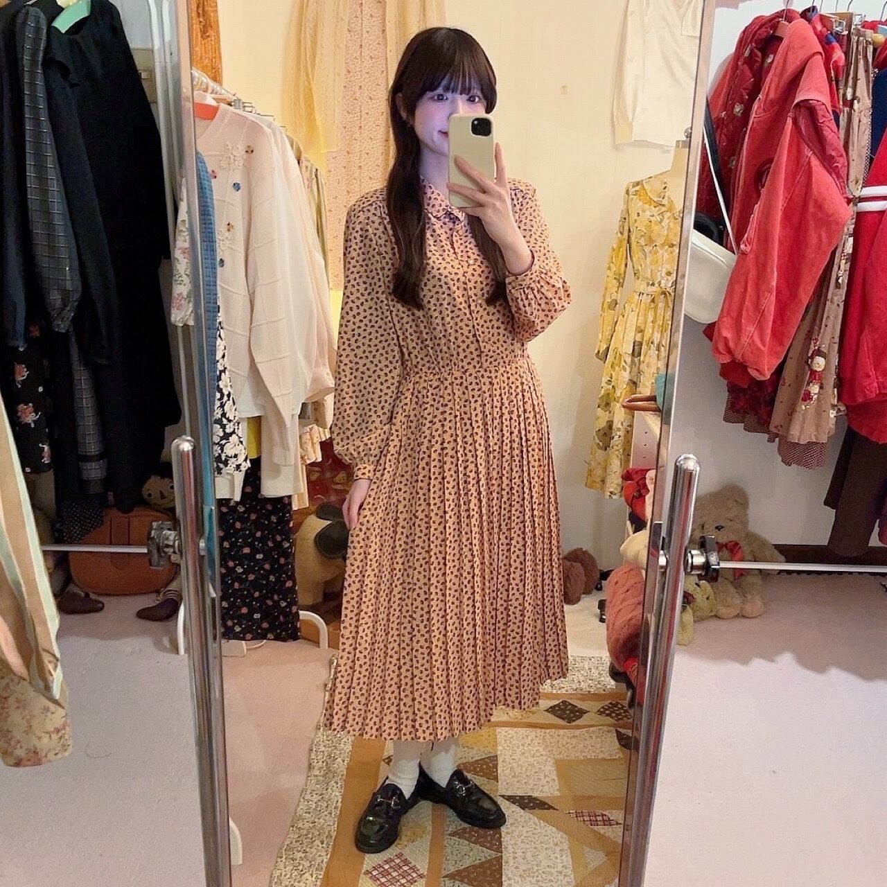 purple mini flower pleats one-piece