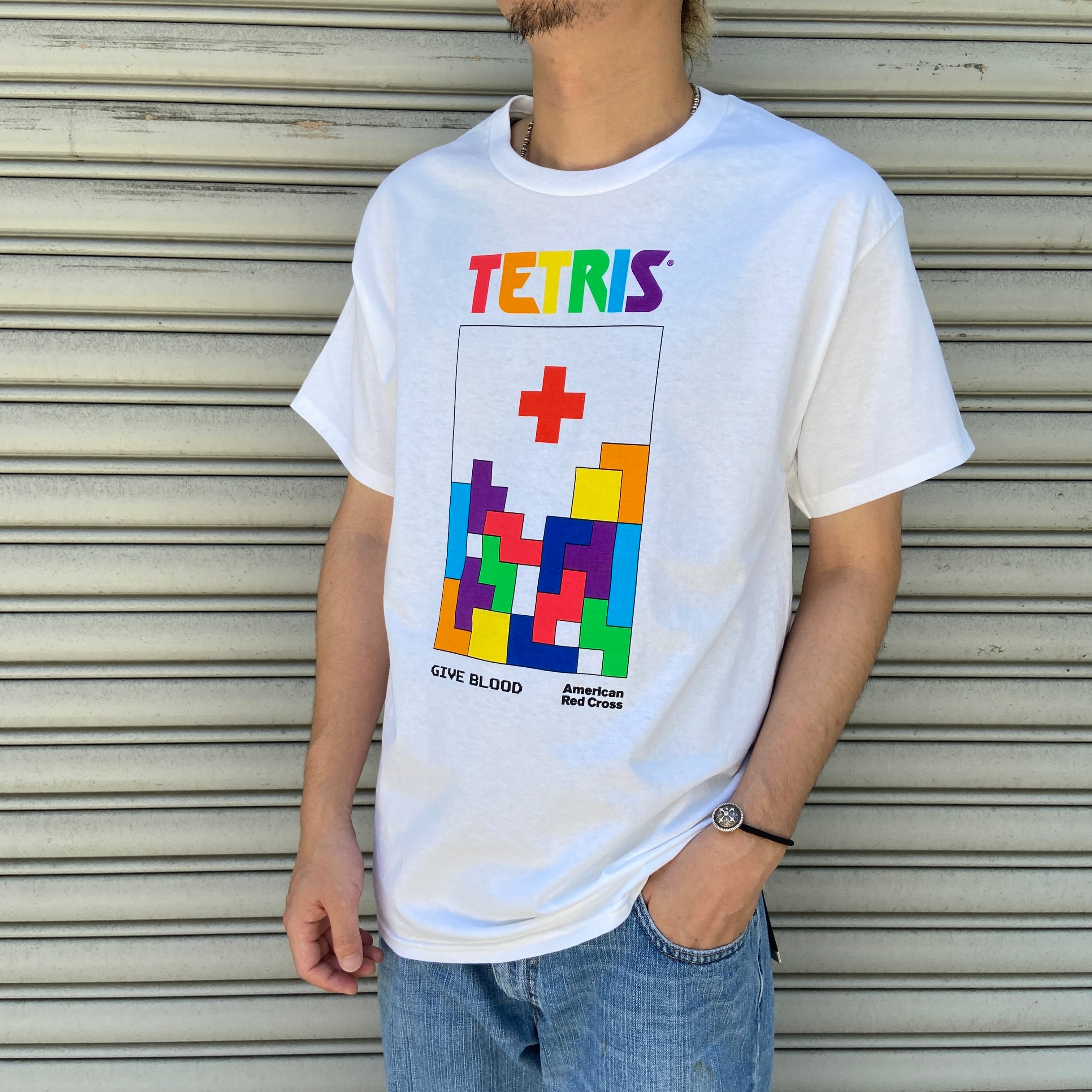 アメリカ赤十字 レッドクロス テトリス プリントTシャツ ホワイト M