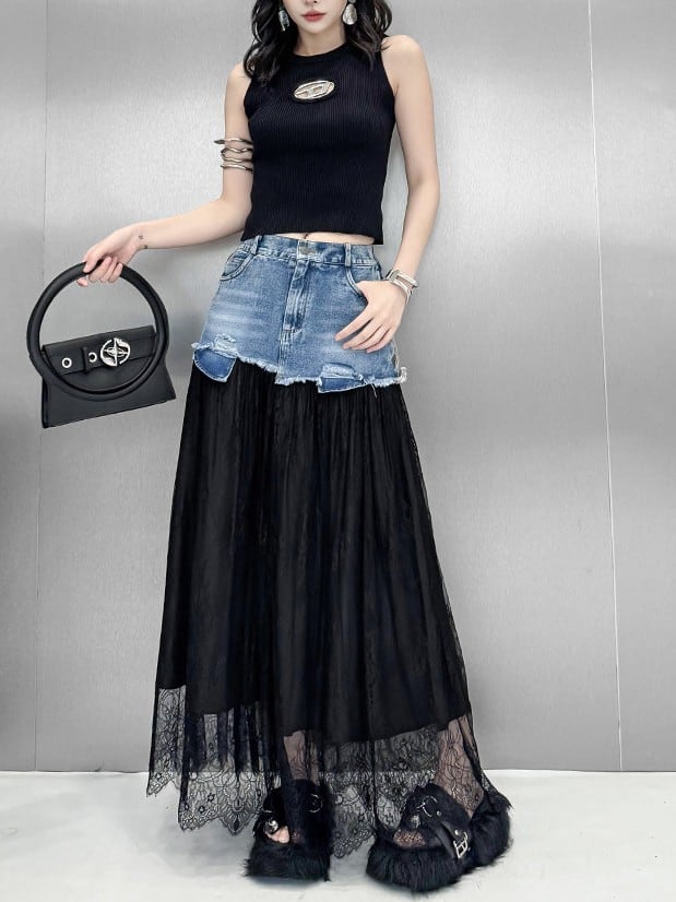 Spliced denim sheer lace skirt 2color [T2897] | Lilie