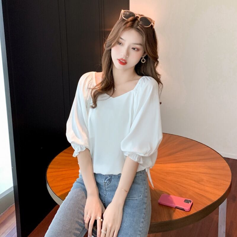 ホワイトスリーブシャツ オータムルーズシフォントップス 秋物 ハンチェンe63763081979