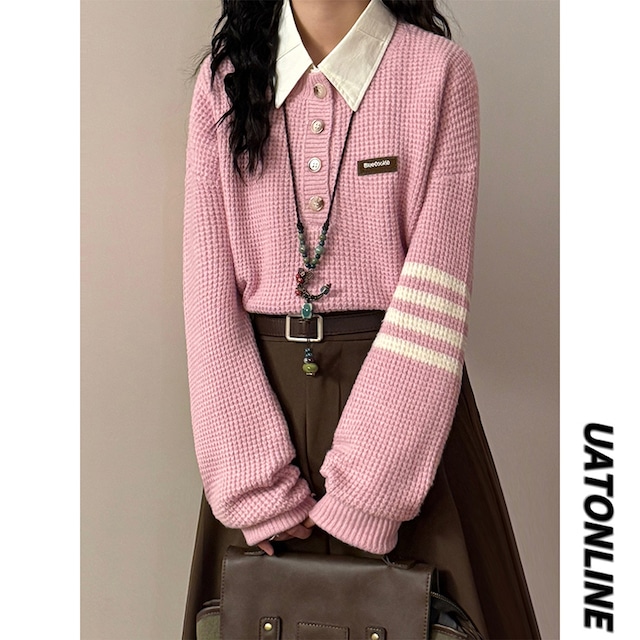 【UATONLINEシリーズ】★セーター★ 2color ニットトップス ユニセックス 縦縞 縞模様 ピンク グレー