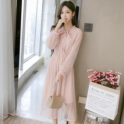 ワンピース ドレス レース シフォン 総レース 長袖 ミディアム丈 胸元