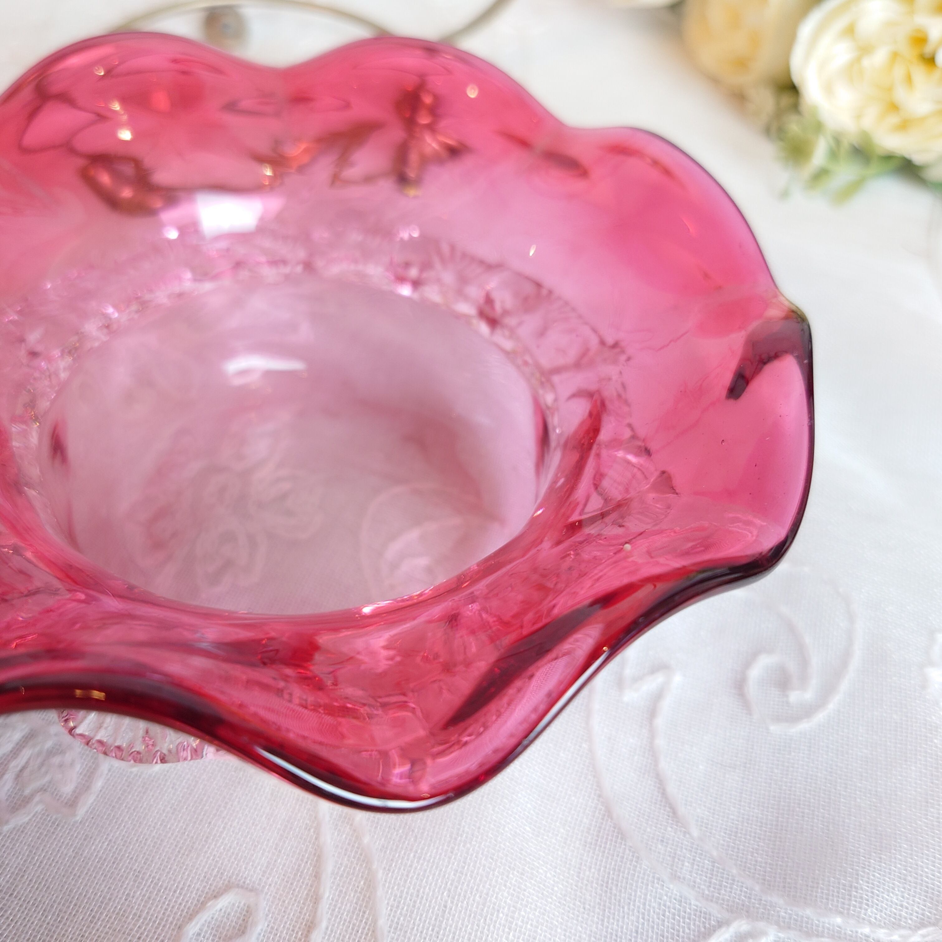 クランベリーガラス ジャムディッシュ シルバーフレーム付 イギリス