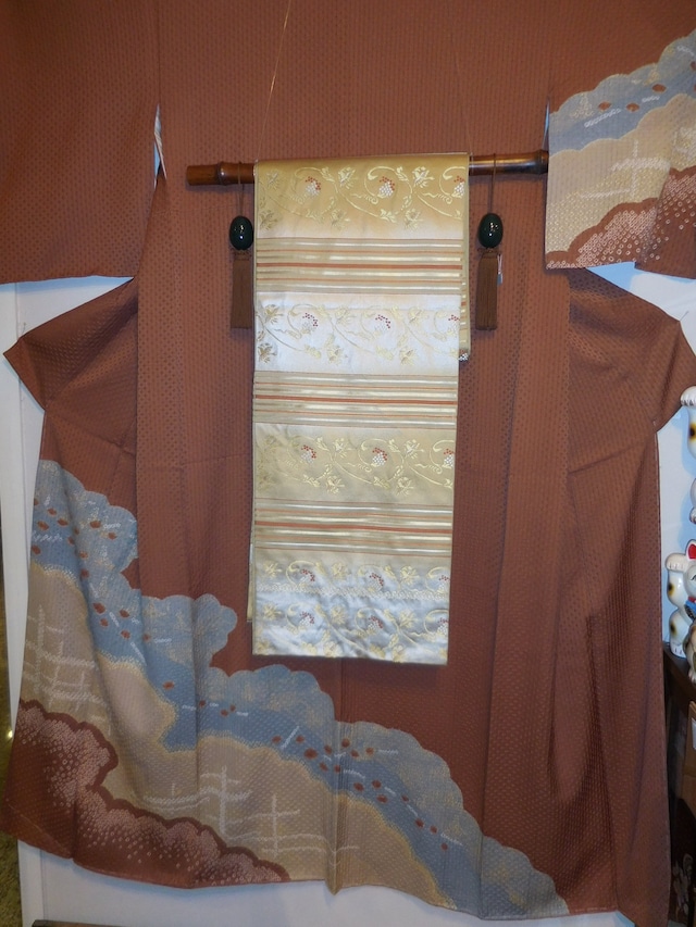 結城紬着物 Yuki silk and pongee Kimono 