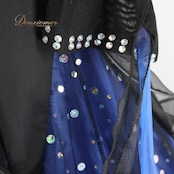 社交ダンス 衣装 スタンダード ドレス ワンピース パーティ衣装 オールシーズン ラインストーン 黒 青 ブルー系 ブラック系 派手 華やか 二重スカート フロート付き シルエット ラインストーン キラキラ チョーカー 軽やか おしゃれ 上品 競技用 レディース 伸縮性 謝恩会 発表会 ディスコ 体型カバー レディースドレス 目を引く