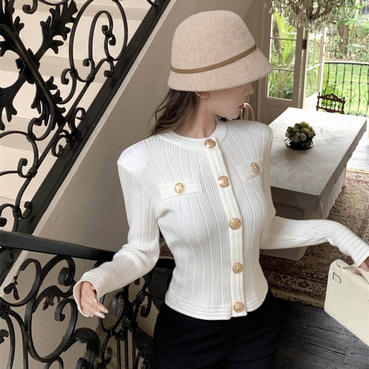 ゴールドボタン リブニット カーディガン 3color A06