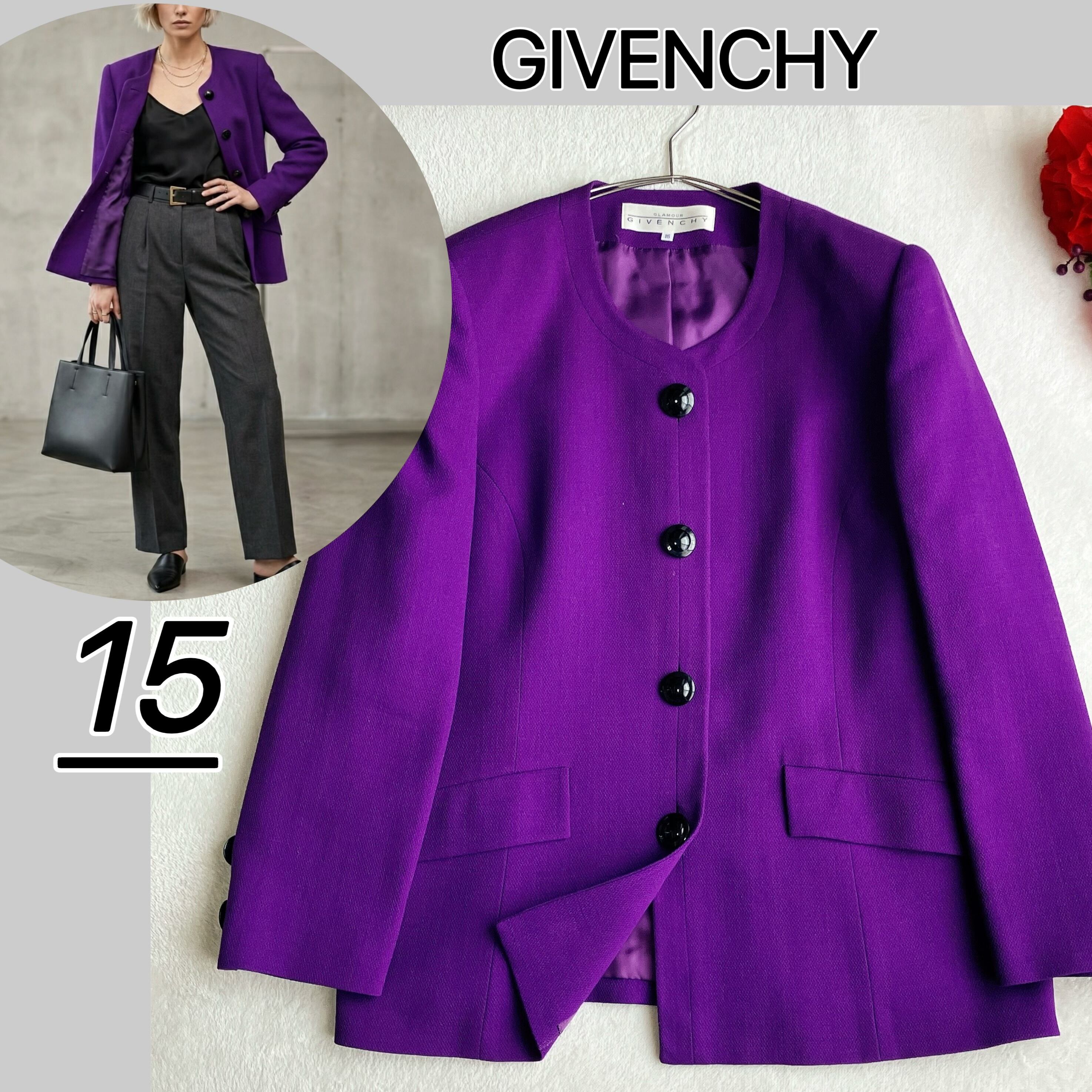 【大きいサイズ】ジバンシー★ノーカラージャケット バブリージャケットオケージョン 大きいサイズ】【美品】GIVENCHY ジバンシー☆ノーカラージャケット