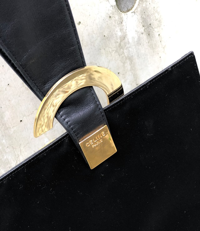 CELINE　セリーヌ　ロゴサークルモチーフ　サテン×レザー　ワンハンドル　ミニバッグ　ハンドバッグ　ブラック×ゴールド　vintage　ヴィンテージ　オールドセリーヌ　2a4rtk