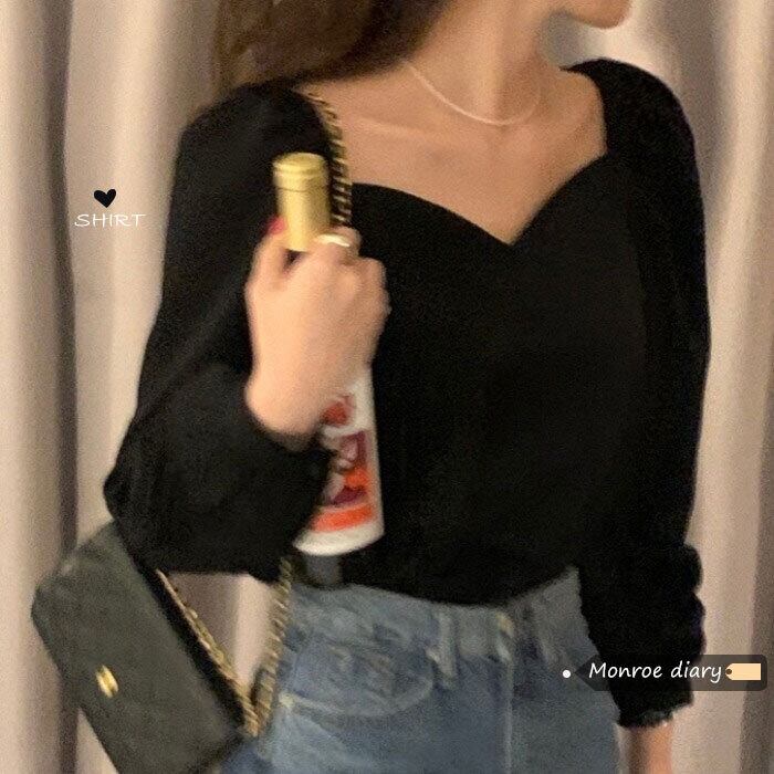 スタンダードブラックベルベットブラウス オータムウィンタースタイルシャツ ロング レトロ 秋物 冬物 モンロー5155933006