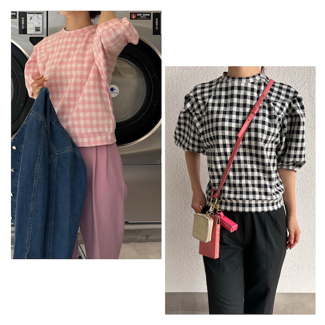 【即納】PUFF SLLEVE GINGHAM TEE -2color-