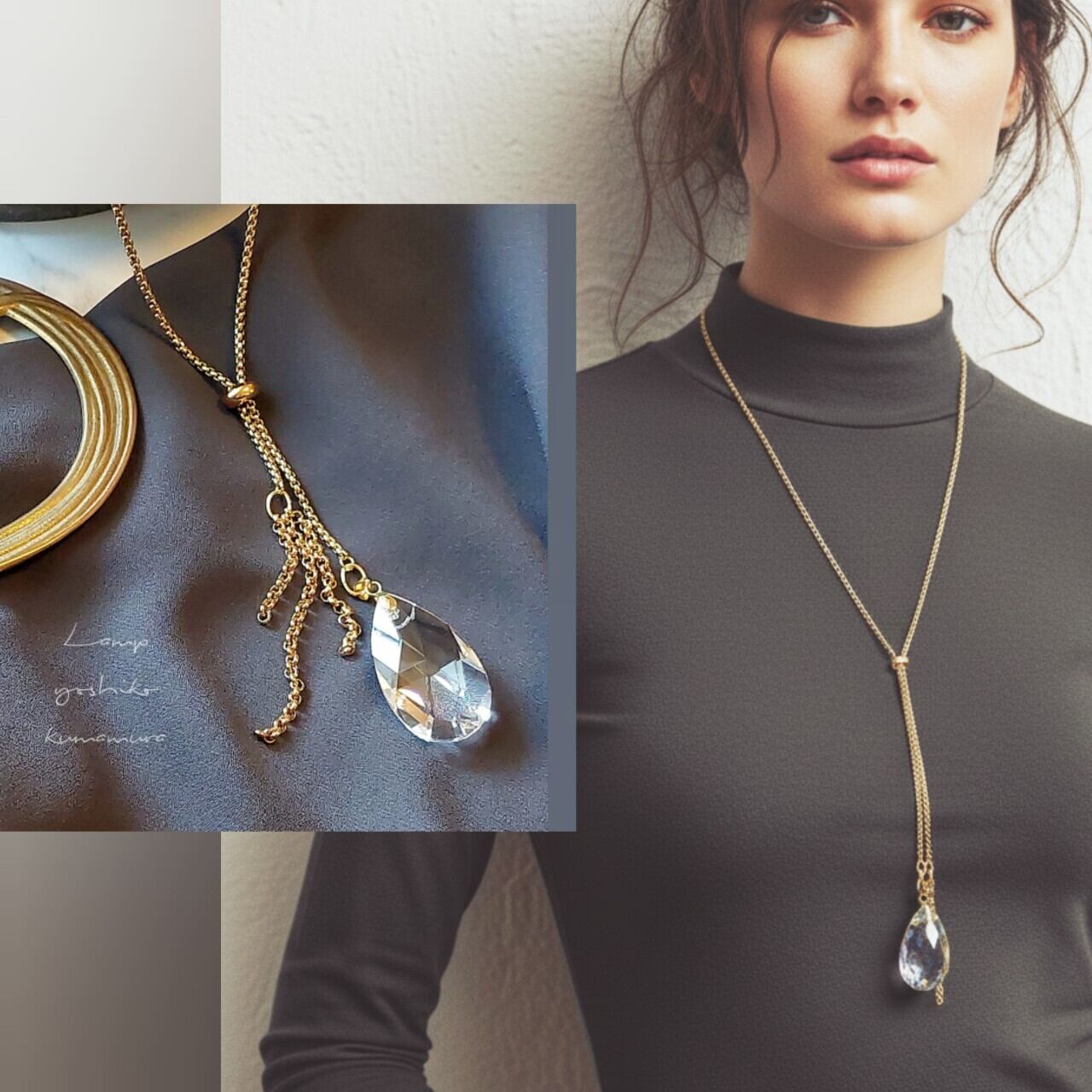 ティアドロップ クリスタル スライダー ネックレス ステンレス