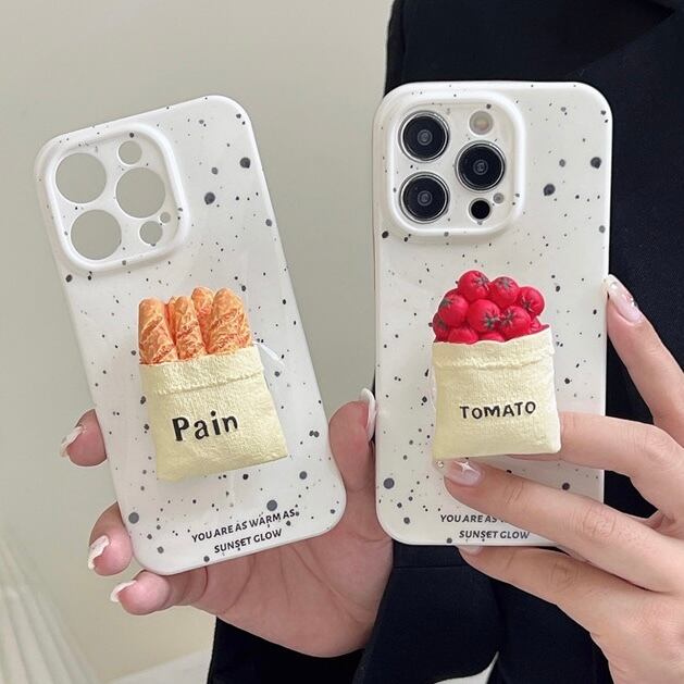 iPhoneケース スタンド付き パン トマト 食べ物 フード 白 ホワイト インク かわいい キュート おしゃれ 韓国 スマホケース mariquita スマホケース iphoneケース 韓国 トマト 食べ物 人気