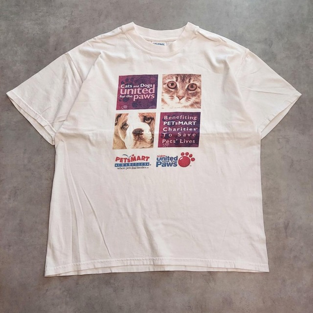 ギルダン Tシャツ 古着 アニマルプリント 犬 猫 00s L 白 14080