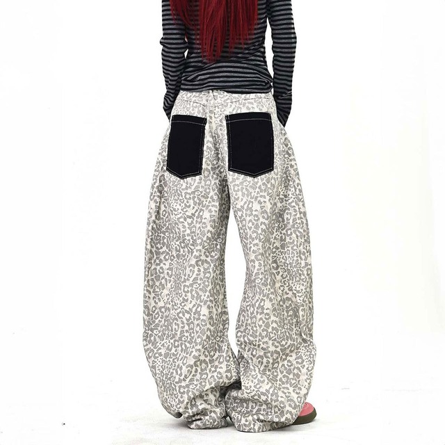 レオパードコントラストワイドデニムパンツ 1col   R01643
