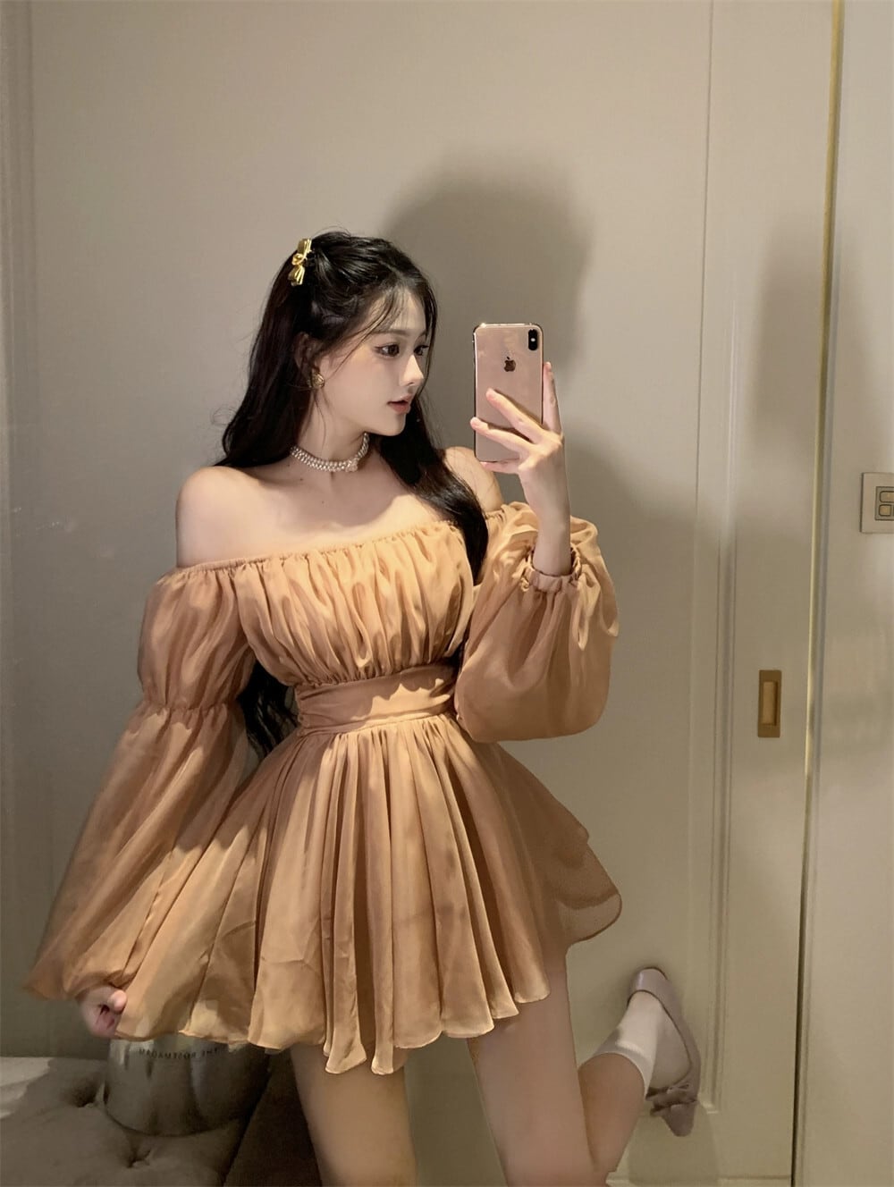 ワンショルダー長袖ハイウエストスリムふわふわドレスレディース