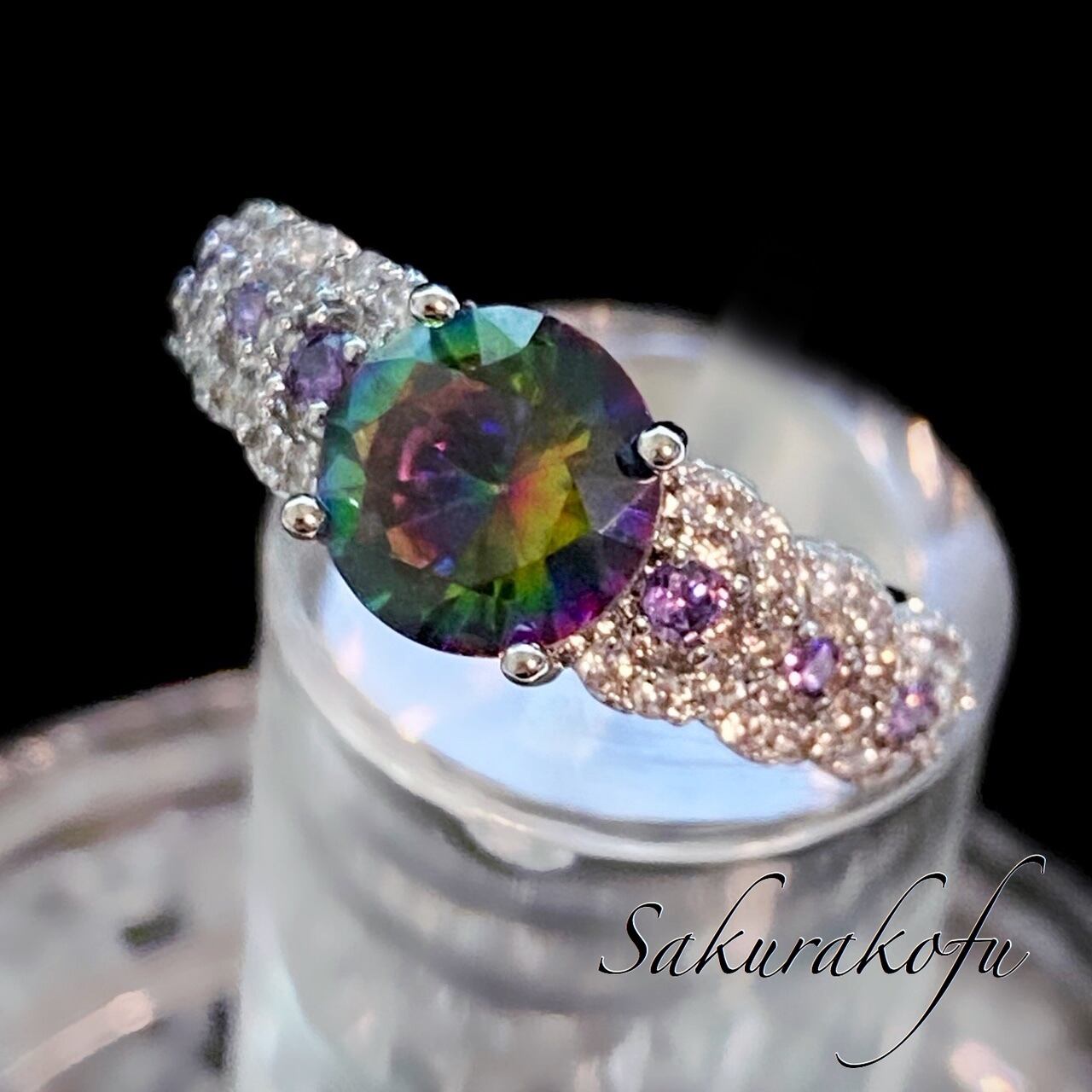 D064 アームふわり ゆめかわいい レインボートパーズとアメジスト リング 指輪