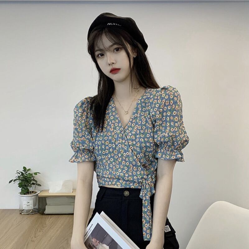 スリーブシフォンフローラルブラウス レディースサマーショートハイウェストシャツ 夏物 花柄 YY-ファッション56997281735