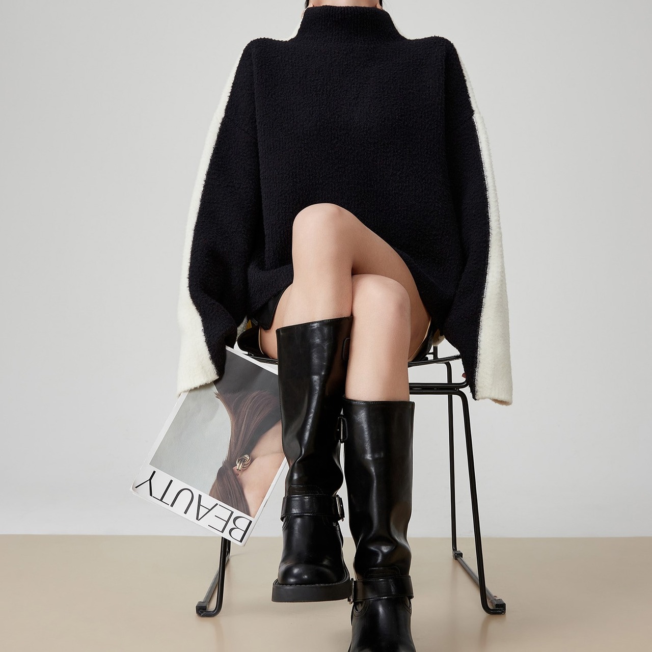 バイカラー ハイネックニットプルオーバー H0023