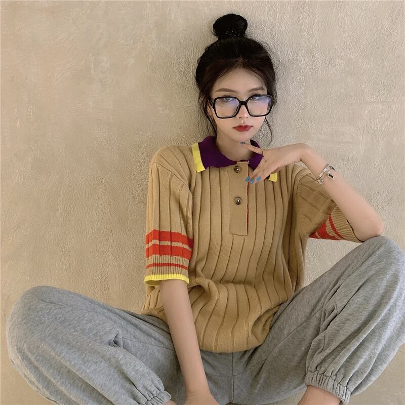 カラーブロック半袖ニットセーターボトミングシャツ2020年秋冬新作ルーズレイジースタイルプルオーバーインナートップス ブラックストロベリース13455458855