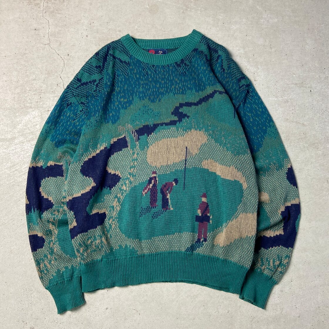 90年代 USA製 ISLE OF COTTON ゴルフ 総柄 コットンニットセーター  
