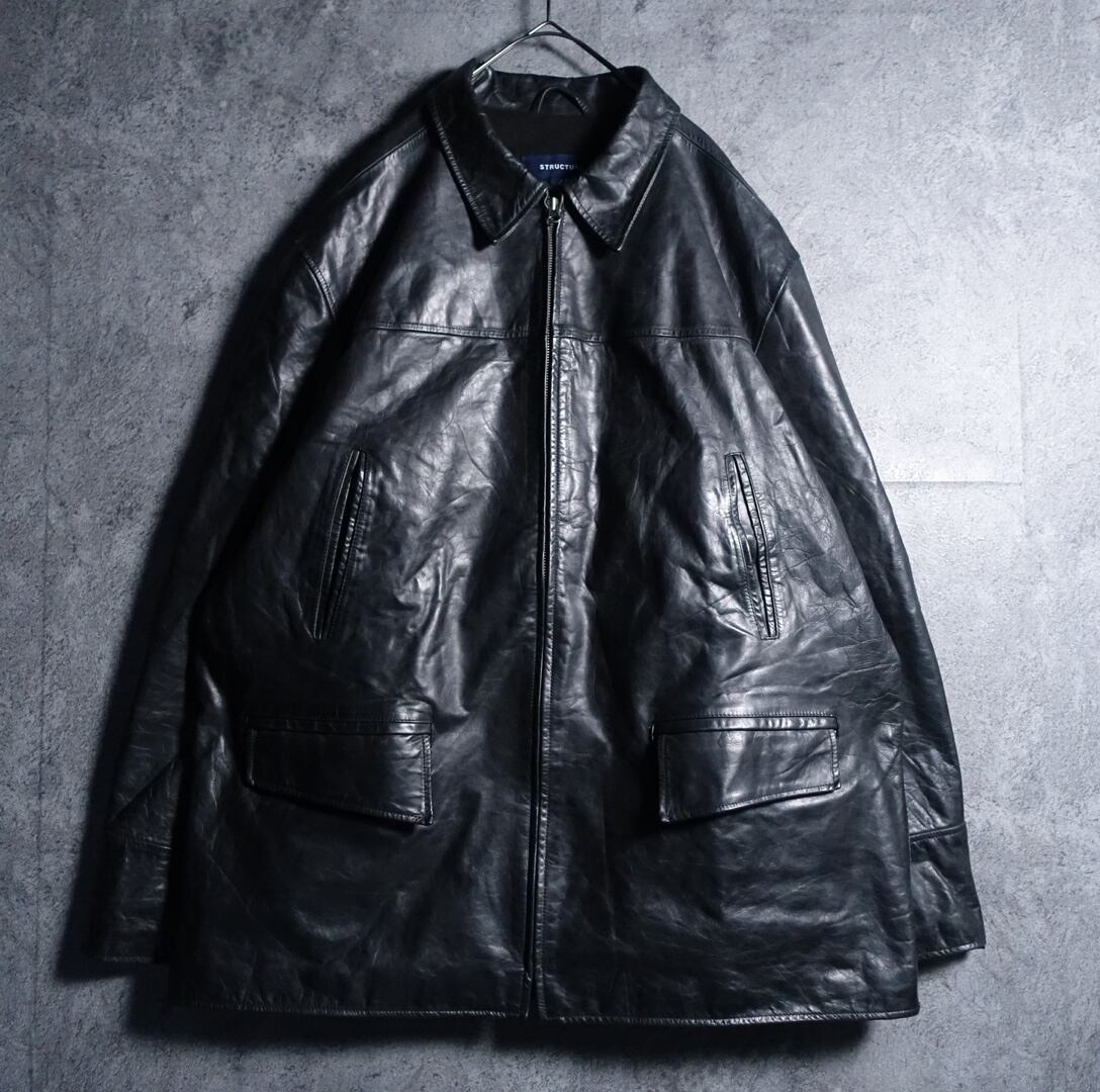 “STRUCTURE” Black 4 Pocket Design Zip Leather Jacket | 古着屋 