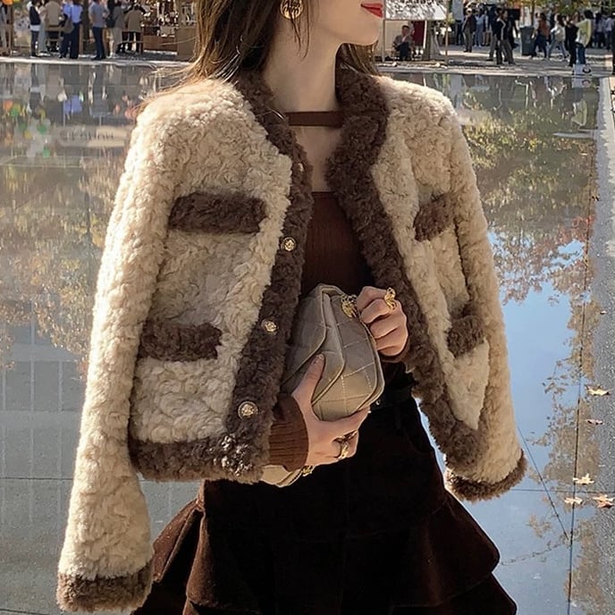 Brown fluffy fur jacket S129