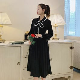 ワンピース エレガント 長袖 上品 リボン フレア 制服 ベルベット 春