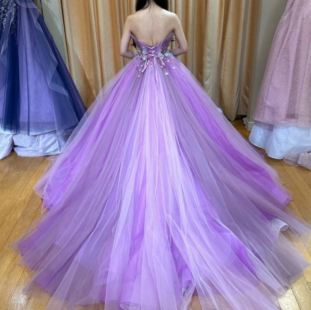 カラードレス ビビッドピンク ベアトップ ソフトチュール 結婚式  