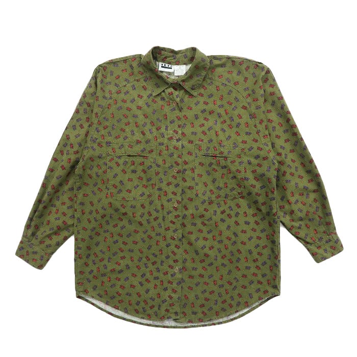 総柄シャツ長袖　刺繍ロゴ　幾何学模様　民族柄　モスグリーン　ポリシャツ古着 シルク100%】 90s ビンテージ 総柄シャツ 長袖 幾何学模様 青緑