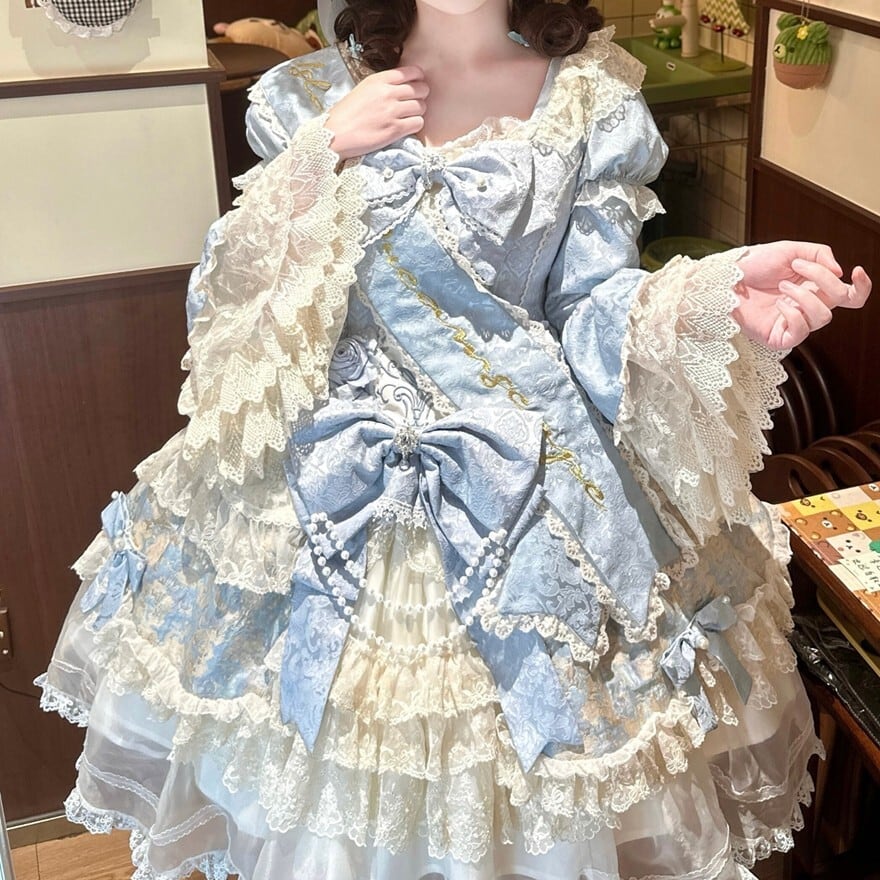 甘ロリセットアップ 水色×白 ボンネット×トレイン付き 豪華姫系ドレス