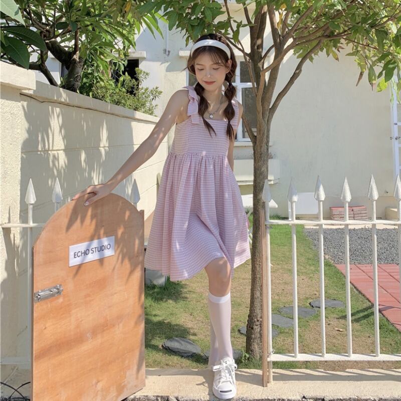 格子柄ドレス サマーリボンスカート ウェスト薄手 ピンク 大人ガーリー スウィート キュート カジュアル 夏物 萌量不足15272403278