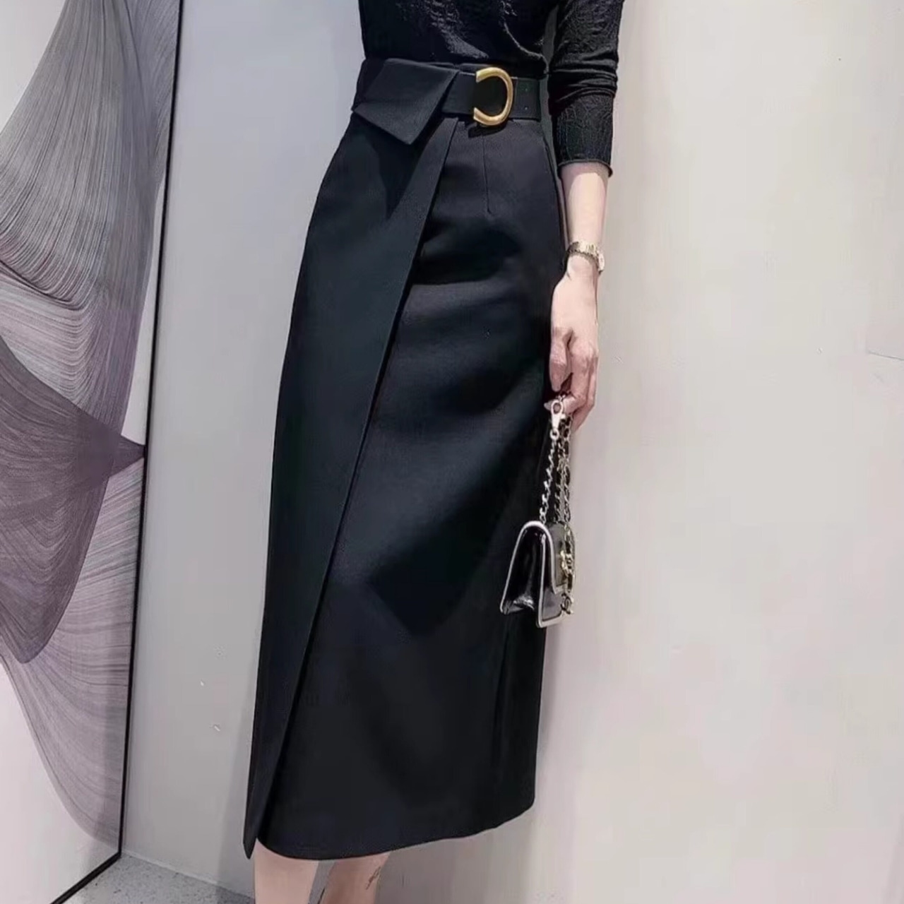 ベルト付き ラップ風 ミモレ丈 スカート 　全2色　 00030