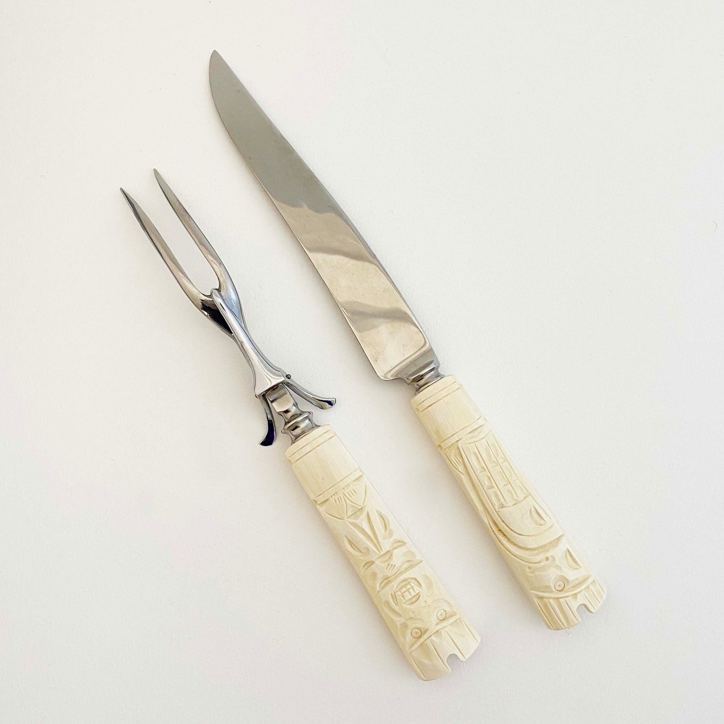 アラスカ先住民の彫刻民芸ナイフフォークセット（未使用デッドストック