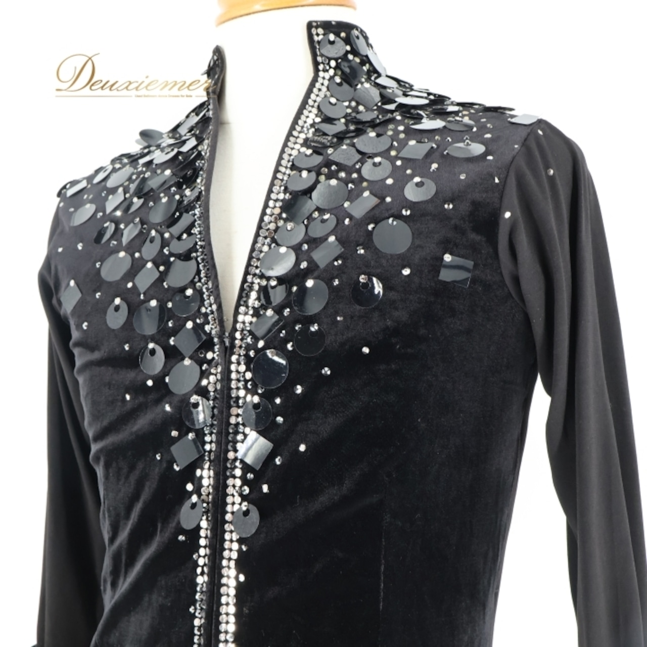 社交ダンス 衣装 ハセベ Hasebe シャツ ブラウス ベロア 装飾 ダンス パーティ ラテン 発表会 黒 おしゃれ 高級感 ジャズ ブラック系 ストレッチ ステージ エレガント メンズ コスチューム フォーマル